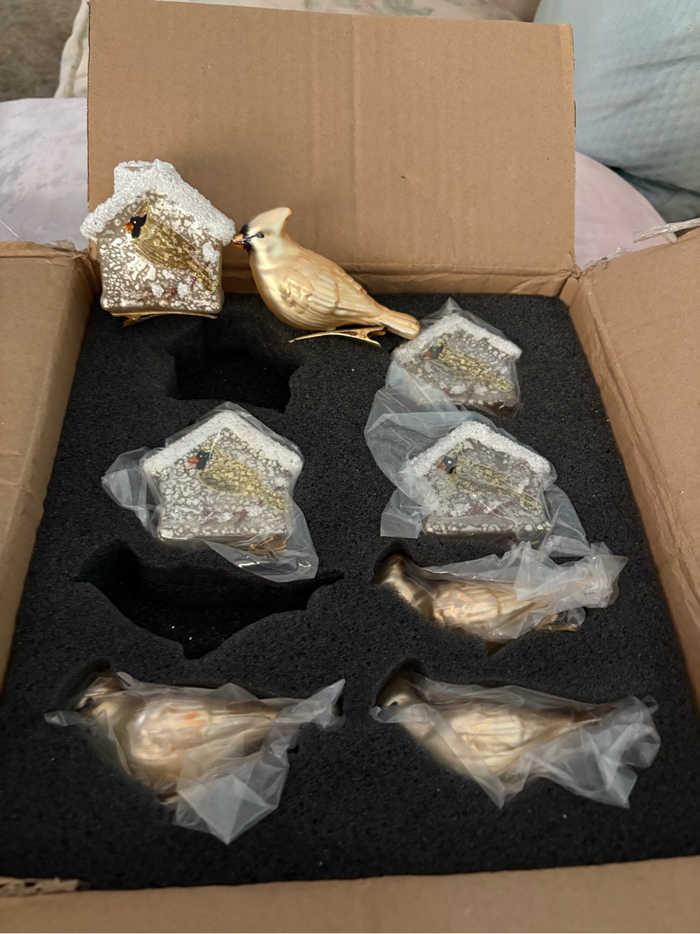 Gold Glass Bird and Birdhouse Holiday Ornament Set